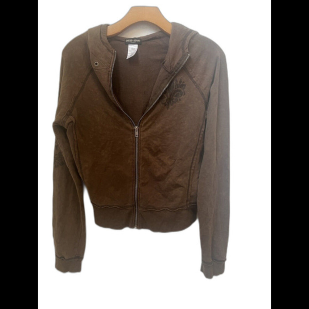 GUESS JEANS SOLID BROWN FULL ZIP HOODIE LARGE (L9)